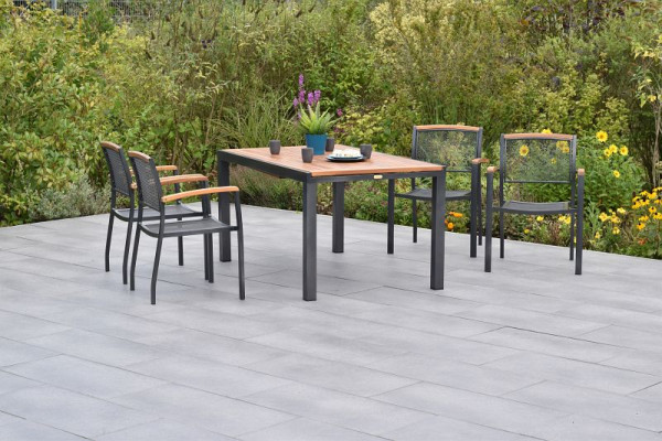 Merxx Tilos Set 5-teilig, 4 Tilos Stapelsessel, 1 Ausziehtisch 150 (200) x 90 cm, Tischplatte aus Akazienholz, Aluminium mit FSC Akazienholz, 50792-217