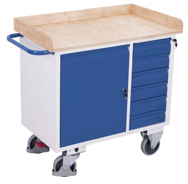 VARIOfit Werkstattwagen mit 6 Schubladen und Rand, Außenmaße: 1.125 x 610 x 1.040 mm, RAL 5010 enzianblau, sw-985.003