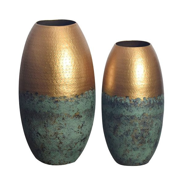 Wohnling Deko Vase 2er Set Aluminium Gold Patina Blumenvase, Dekovase Punziert Rund 2-teilig für Blumen, Alu Tischvase Wohndeko Metall, WL7.184