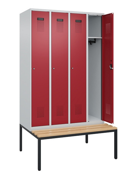 C+P Spind Evolo PLUS, 4 Abteile, 2120x1200x815mm, 7035/3003, Haken 3, Zylinderschloss, Sitzfläche Buche-Hartholz, Sitzbank, 0490507-40 S10031
