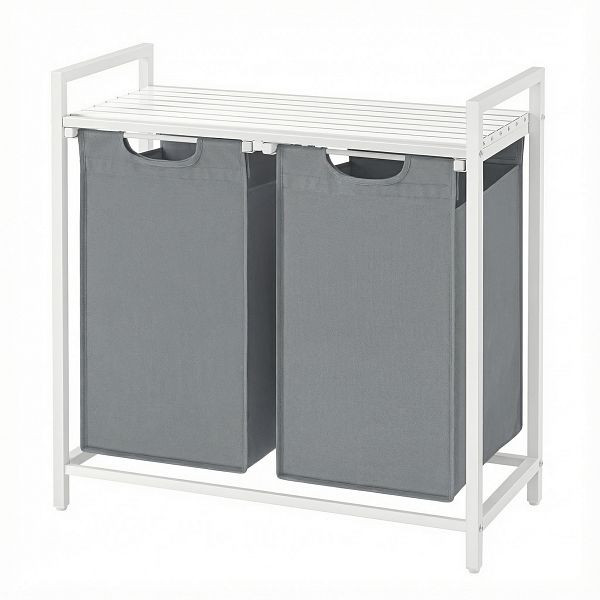 VASAGLE Wäschekorb, 2 Fächer, Wäschekorb mit Regal, Wäschekorb, Oxford-Stoff-Wäschesack, 2 x 46 L, 73 x 33 x 72 cm, weiß/hellgrau, BLH201W11