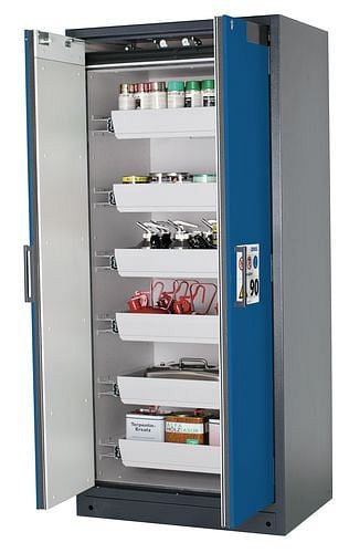 asecos Feuerbeständiger Gefahrstoffschrank Select W-96, 6 Auszugswannen, Türen blau, 201047