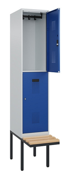 C+P Doppelstock-Spind Evolo PLUS, Bank, 2 Fächer, 2120x400x815mm, 7035/5010, Zylinderschloss, Sitzfläche Buche-Hartholz, 0493407-12 S10033
