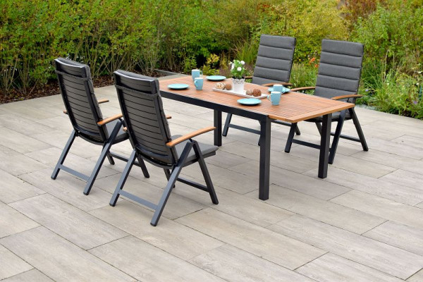 Merxx Astros Set 9-teilig, 4 Astros Klappsessel, 4 Kissen, grau, 1 Ausziehtisch, 150 (200) x 90 cm, Aluminium mit FSC Akazienholz, 50627-800