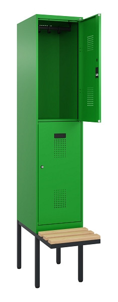 C+P Doppelstock-Spind Evolo PLUS, Bank, 2 Fächer, 2120x400x815mm, 6037/6037, Zylinderschloss, Sitzfläche Buche-Hartholz, 0493407-12 S10053