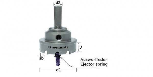 Karnasch Hartmetall-bestückte Lochsäge Power-Max 10 mit Schaft, Zentrierbohrer, Auswurffeder, Schnitttiefe 12mm, d=38,5mm, VE: 2 Stück, 2010100385