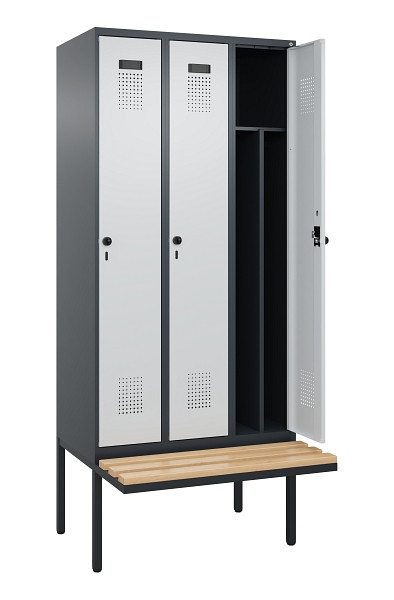 C+P Spind Evolo PLUS, 3 Abteile, 2120x900x815mm, 7016/7035, Haken 4, Drehriegel, Sitzfläche Holz, 0490407-30F S10017