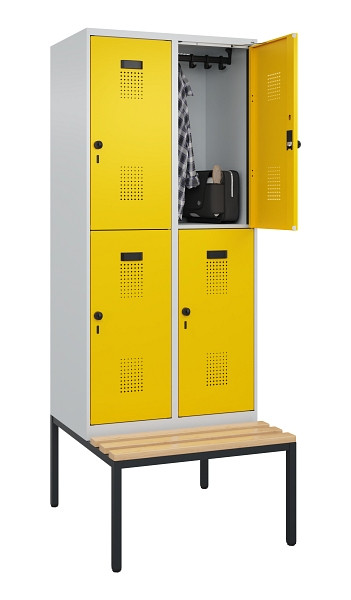 C+P Doppelstock-Spind Evolo PLUS, Bank, 4 Fächer, 2120x800x815mm, 7035/1023, Drehriegel, Sitzfläche Buche-Hartholz, Sitzbank, 0493507-22 S10001