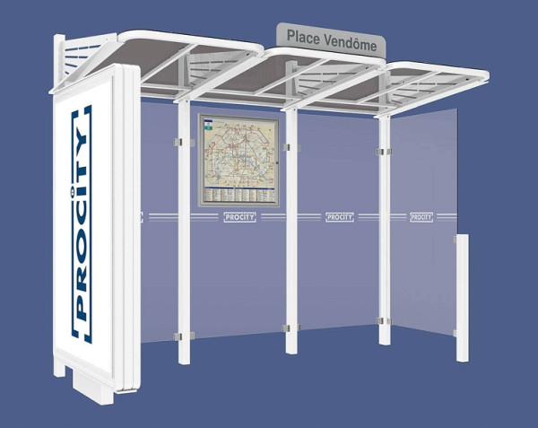 Procity Wartehalle Convi® - Standard - 1 Beleuchteter Caisson Links + 1 Seitenverkleidung Rechts, Farbe RAL 9010, 529388.9010