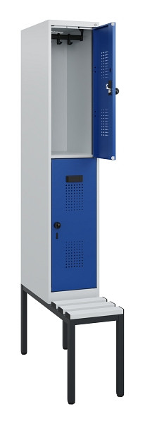 C+P Doppelstöckiger Spind Evolo PLUS, Bank, 2 Fächer, 1950x300x815mm, 7035/5010, Drehriegel, Sitzfläche Kunststoff, Sitzbank, 0493505-10 S10093