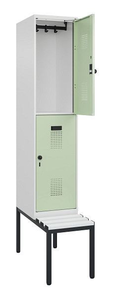 C+P Doppelstock-Spind Evolo PLUS, Bank, 2 Fächer, 2120x400x815mm, 9016/6019, Drehriegel, Sitzfläche Kunststoff, Sitzbank, 0493507-12 S10100