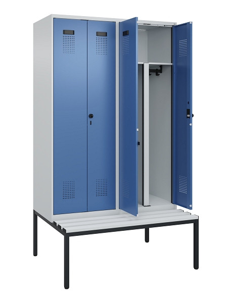 C+P PSA Doppel-Spind Evolo PLUS, Bank, 4 Abteile, 2120x1200x815mm, 7035/5023, Drehriegel, Sitzfläche Kunststoff, Sitzbank, 0490527-40P S10062