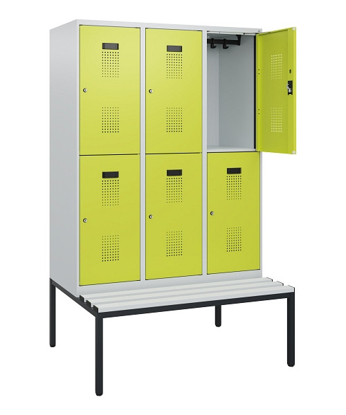 C+P Doppelstöckiger Spind Evolo PLUS, Bank, 6 Fächer, 1950x1200x815mm, 7035/0024, Zylinderschloss, Sitzfläche Kunststoff, Sitzbank, 0493505-32 S10150