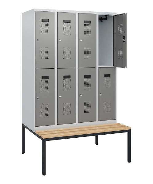 C+P Doppelstöckiger Spind Evolo PLUS, Bank, 8 Fächer, 1950x1200x815mm, 7035/0004, Zylinderschloss, Sitzfläche Buche-Hartholz, Sitzbank, 0493505-40 S10041