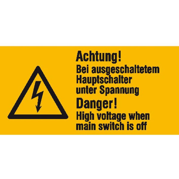 Stein HGS Elektrokennzeichnung/Warnkombischild, Achtung! Bei ausgeschaltetem Hauptschalter, 2-sprachig, 30.0605