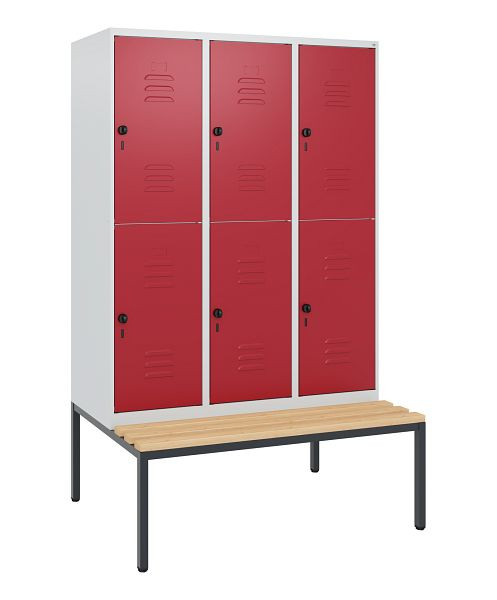 C+P Doppelstöckiger Spind Classic PLUS, 3 Abteile, 1950x1200x815mm, 7035/3003, Drehriegel, Buche-Sitzleisten, mit untergebauter Sitzbank, 0803505-32 S10001