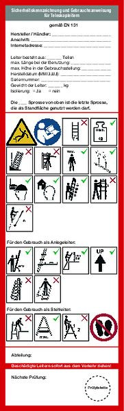 Schilder Klar Grundplakette Sicherheitskennzeichnung und Gebrauchsanweisung für Teleskopleitern, 65x225 mm Folie selbstklebend, 49/75