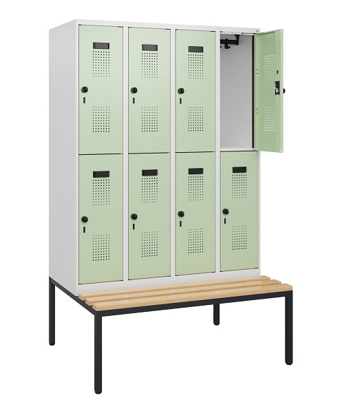 C+P Doppelstöckiger Spind Evolo PLUS, Bank, 8 Fächer, 1950x1200x815mm, 9016/6019, Drehriegel, Sitzfläche Buche-Hartholz, Sitzbank, 0493505-40 S10021