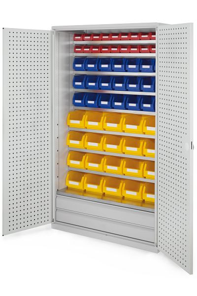 Kappes Großraum Schrank Modell 24 RAL 7035, 1950 x 1130 x 590 mm, Türinnenseite: RasterPlan Lochplatten, 2 Schubladen unten, 1780.11.3013