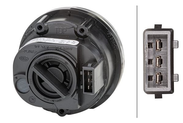 HELLA Hybrid-Tagfahrleuchte, 90mm, 12V, rund, ECE-R7/SAE/E1 2586/ECE-R87/ECE-R148/E1 0079, glasklar, LED-Lichtfarbe: weiß, AMP, beidseitig, 2BE 010 102-101