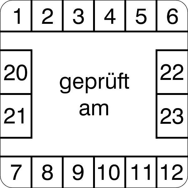 SafetyMarking Prüfplakette, geprüft am, Prüfzeitraum: 20-23, BxH 3x3 cm, Folie, selbstklebend, VE: 15 Stück/Bogen, 30.3798-20-23