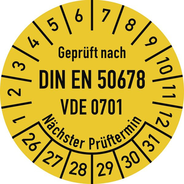 Moedel Prüfplakette DIN EN 50678 Nächster Prüftermin, 2026-2031, Folie, Ø 30mm, VE: 10 Stück/Bogen, 108589