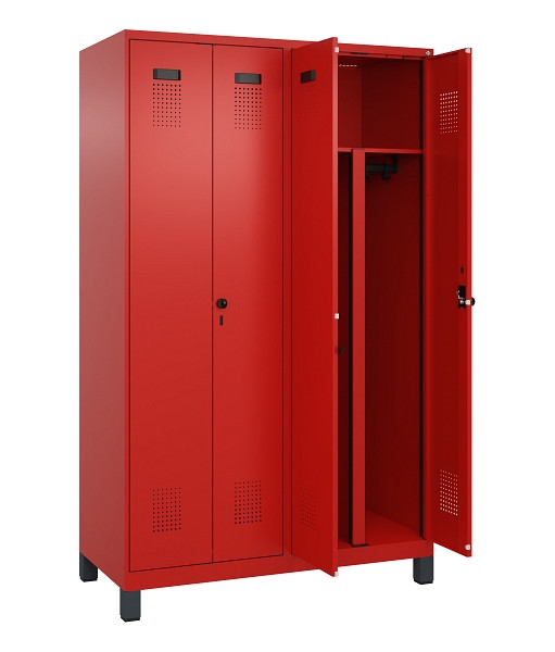 C+P PSA Schwarz-Weiß-Spind Evolo PLUS, mit Füßen, 4 Abteile, 1950x1200x500mm, 3, Frontfarbe RAL 3020 Verkehrsrot, Drehriegel, 049012-40P S10025