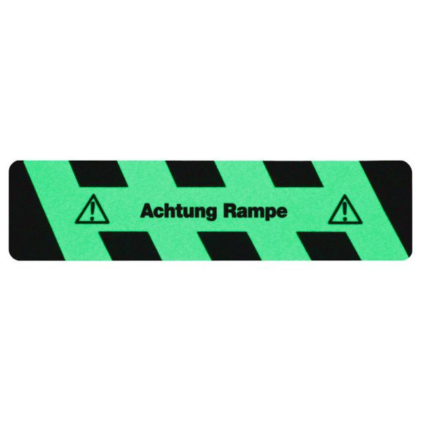 m2 Antirutschbelag nachleuchtend schwarz/grün mit Text "Achtung Rampe" Streifen 150x610mm, M1X41500610