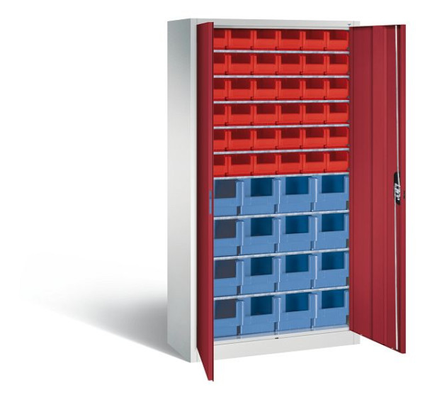 C+P Magazinschrank Serie 13, H1980xB1000xT420mm, Farbe: Lichtgrau / Rubinrot, Muldengriff, 133144-25 S10022