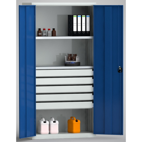 KLW Universalschrank 2000x1000x490, 2 Fachboden, 80kg, 5 Schubladen 40kg, 7FN-NH2000TD-0020XRB