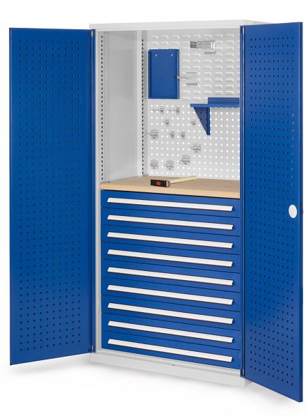 Kappes RasterPlan Schubladenschrank, Modell 17, RAL 7035/5010, Türinnenseite: Lochplatten, 1950 x 1000 x 600 mm, 9 Schubladen H 100 mm, 1460.07.3016