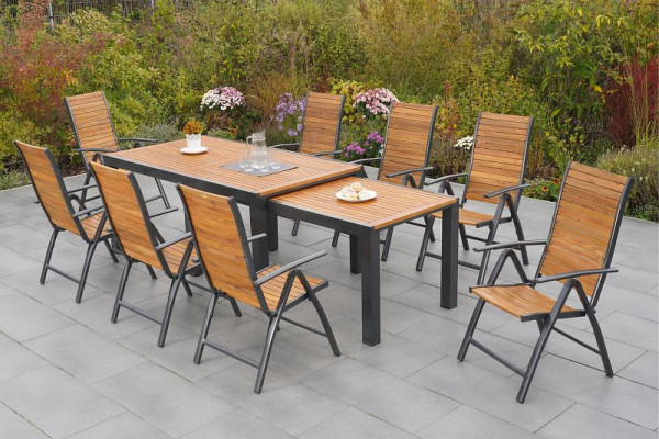Merxx Santorin Set 9-teilig, 8 Klappsessel, 1 Flex Ausziehtisch 180/180 x 100/83 x 80/74 cm, Aluminium mit FSC Akazienholz, 50669-209