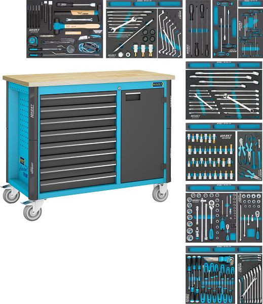 Hazet Fahrbare Werkbank, Schubfächer, flach: 6x 76x522x398 mm, Schubfächer, hoch: 1x 161x522x398 mm, Anzahl Werkzeuge: 244, 179NW-8/244