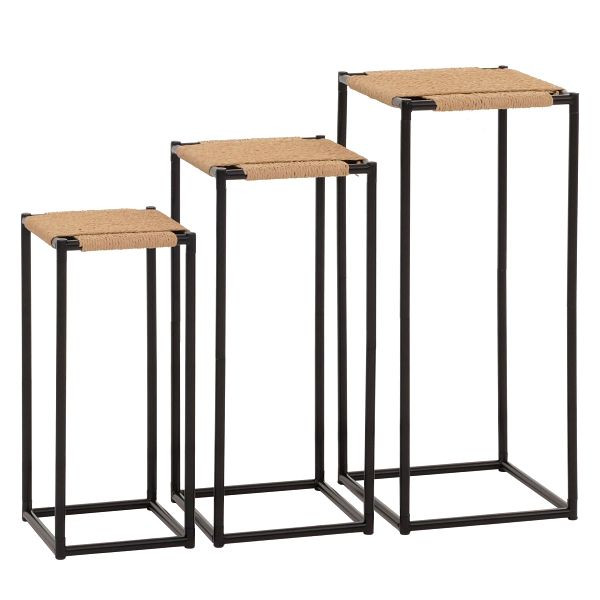 Mendler 3er-Set Blumentisch HWC-N70, Beistelltisch Tisch Blumenständer Ablage, stapelbar, Metall Papierseil, naturfarben, 108267