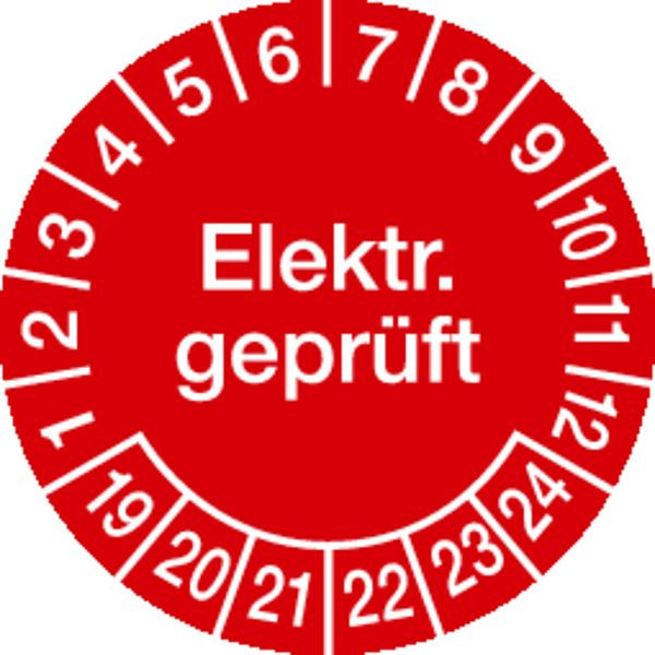 Schilder Klar Prüplakette Elektr. geprüft ab 23 rot/weiß, 30 mm Dokumentenfolie selbstklebend, VE: 40 Stück, 43/04.23