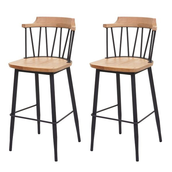 Mendler 2er-Set Barhocker HWC-G69b, Tresenhocker Barstuhl, Massivholz Retro Design Metall Fußablage Gastronomie, naturfarben, 71877