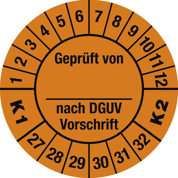 Moedel Prüfplakette Geprüft...DGUV...K1 K2, 2027 - 2032, Folie, Ø 30 mm, VE: 10 Stück/Bogen, 108307