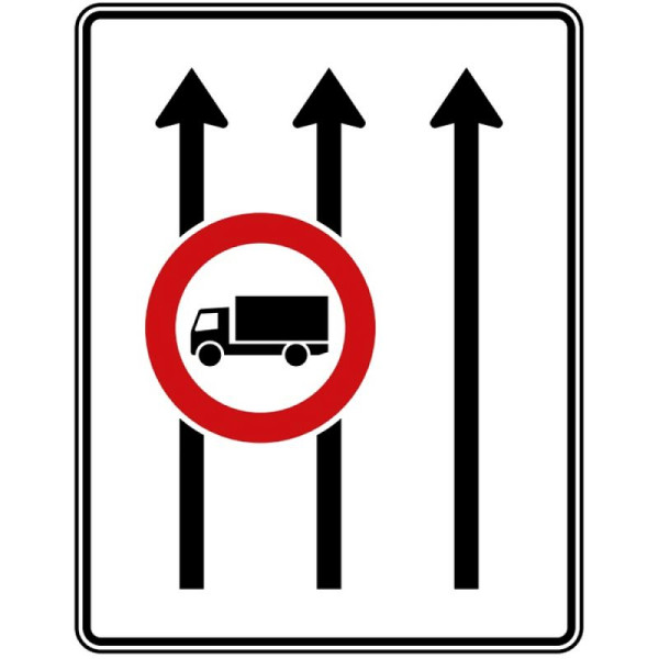 Stein HGS Fahrstreifentafel ohne Gegenverkehr, RA1/Flachform 3mm, ohne Entfernungsangabe, 1600x1250mm, 3 Streifen in Fahrtrichtung, 2 Streifen mit Verbot für Kraftfahrzeuge über 3,5 t, 524-31-113
