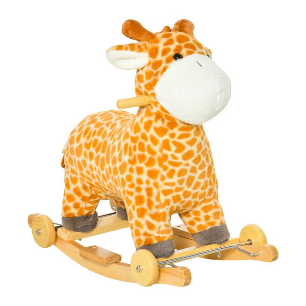 HOMCOM 2-IN-1 Schaukelpferd mit Räder Plüsch Schaukeltier Babyschaukel Spielzeug für 36-72 Monaten Giraffen-Design Gelb 63 x 38 x 63 cm, 330-136