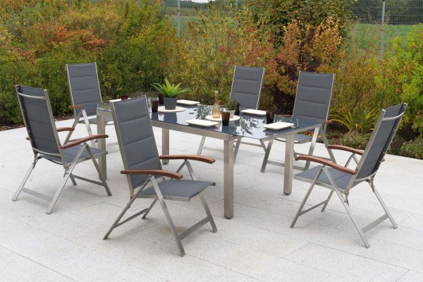 Merxx Ferrara Set 7-teilig, 6 Ferrara Klappsessel, gepadded, 1 Ausziehtisch 180 (240) x 100 cm, graue Glasplatte, 50374-309