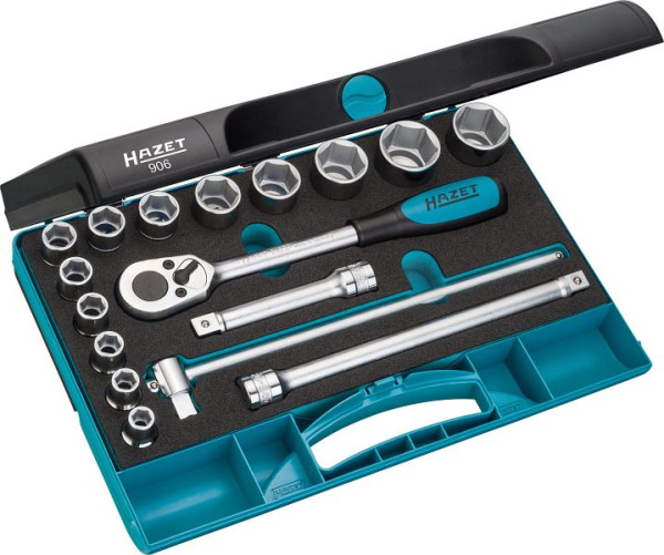 Hazet Steckschlüssel Satz, Vierkant hohl 12,5 mm (1/2 Zoll), Außen-Sechskant-Tractionsprofil, Anzahl Werkzeuge: 17, 906