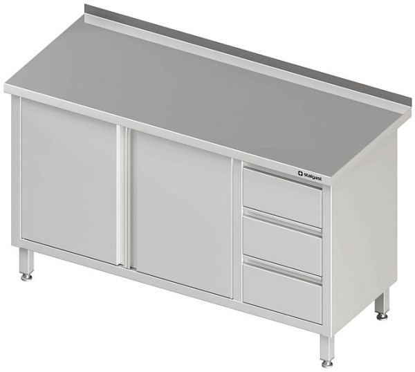 Stalgast Arbeitsschrank mit Flügeltüren, 1500x600x850 mm, mit 3er Schubladenblock links, ohne Aufkantung, verschweißt, VAS15605L