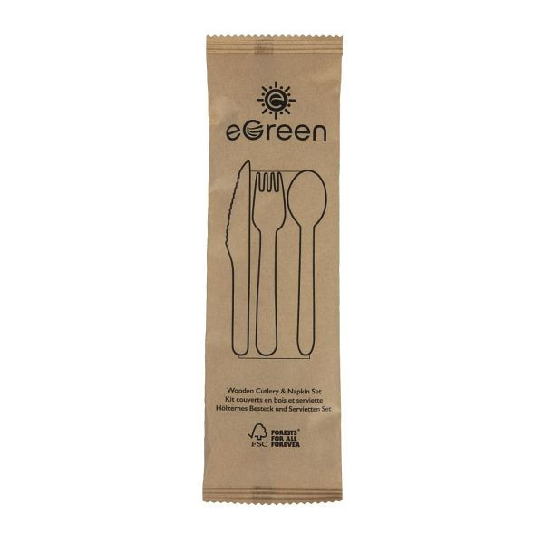 eGreen Einzeln in Kraftpapier verpacktes 4-in-1-Holzbesteck-Set (250 Stück), FS168