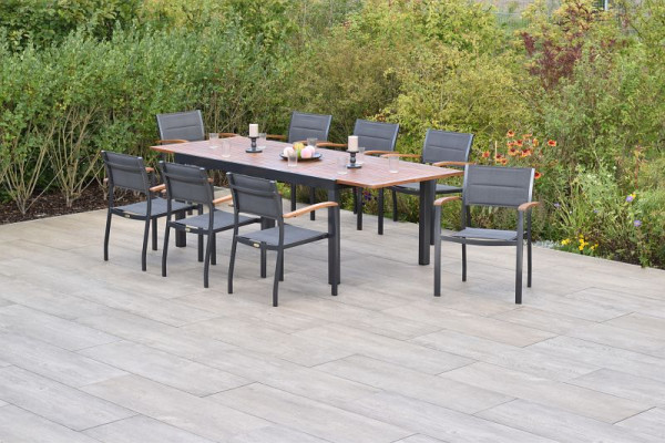 Merxx Paxos Set 9-teilig, 8 Paxos Stapelsessel, gepolstert, graphit/grau, 1 Ausziehtisch 180 (250) x 100 cm, 50821-307