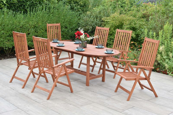 Merxx Vitoria Set 7-teilig, 6 Vitoria Klappsessel, Rückenlehne 5-fach verstellbar, 1 Ausziehtisch 160 (210) x 90 cm, FSC Eukalyptusholz, 50183-011