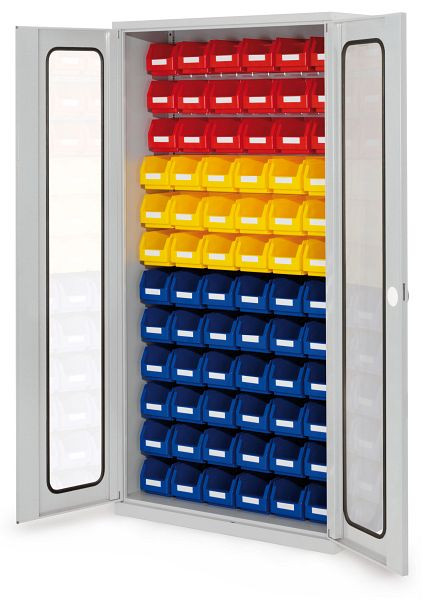 Kappes RasterPlan- Schlitzplattenschrank, H1950 x B 1000 x T 410 mm RAL 7035, Modell 56, Sichtfenstertüren bestückt mit Lagersichtkästen, 1353.07.5013
