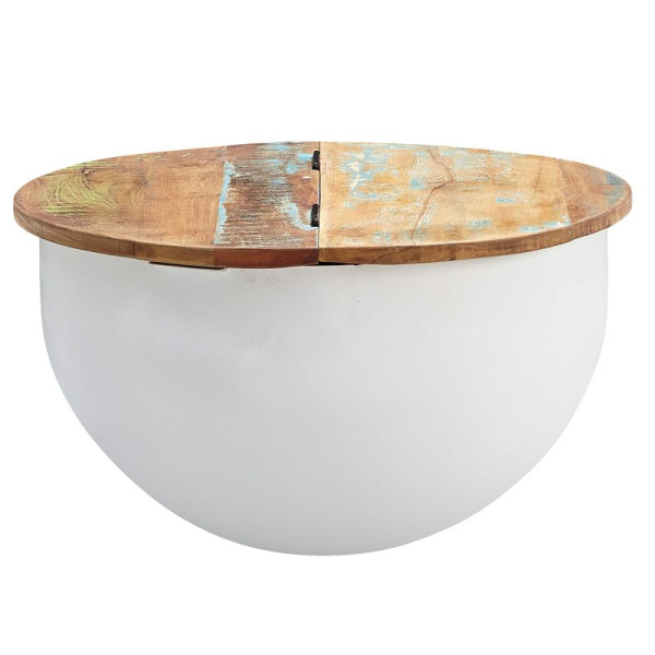 Wohnling Couchtisch Mango 60x34x60 cm Massivholz Metall Weiß Industrial Rund, WL6.334