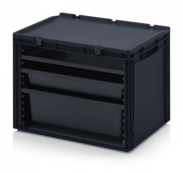 Auer ESD-Schubladenbehälter Komplettsystem, 1 x Behälter bestückt mit: 1 x SB.H, 1 x W24-t, 1 x W84-t, 1 x W172-t in ESD-Ausführung, ESD SB-S1