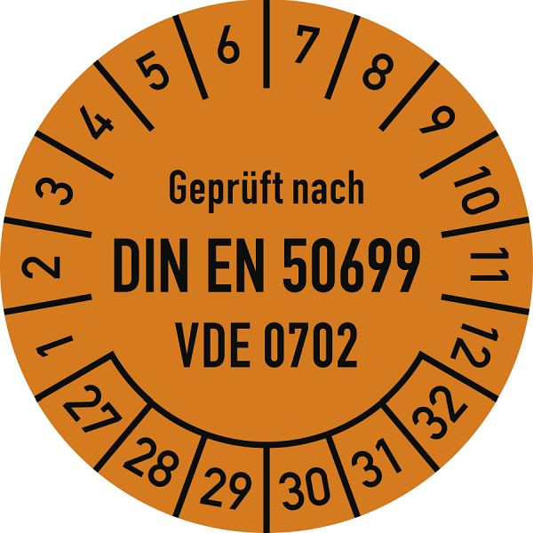 Moedel Prüfplakette DIN EN 50699, VDE 0702, 2027-2032, Folie, Ø 30mm, VE: 10 Stück/Bogen, 108559