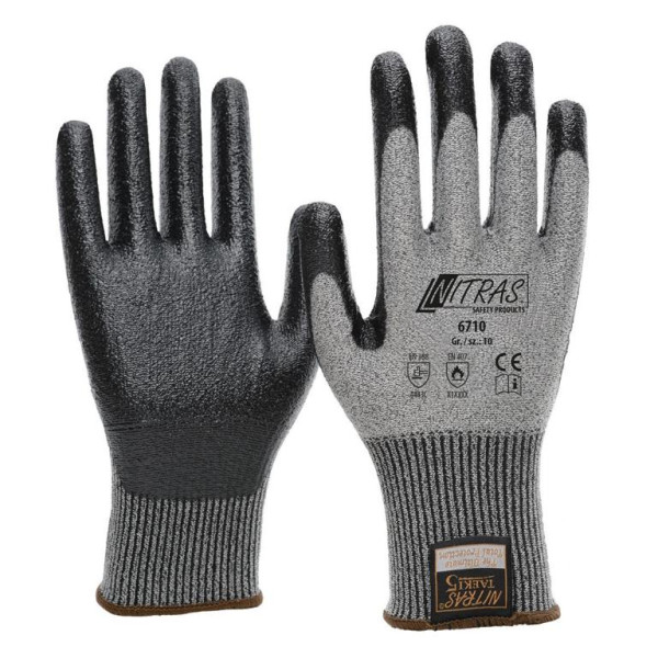 NITRAS TAEKI Schnittschutzhandschuhe, grau, Nitril-Beschichtung, teilbeschichtet auf Innenhand und Fingerkuppen, schwarz, Größe: 7, VE: 100 Paar, 6710-7